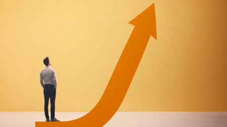 businessman standing on a big orange arrow pointing up in a bright empty space.の素材