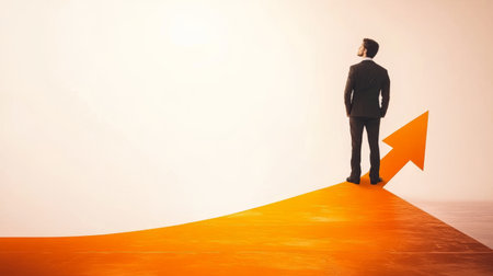 businessman standing on a big orange arrow pointing up in a bright empty space.の素材