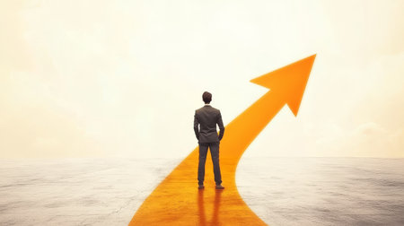 businessman standing on a big orange arrow pointing up in a bright empty space.の素材