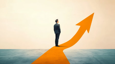 businessman standing on a big orange arrow pointing up in a bright empty space.の素材