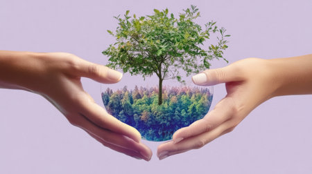 Safe earth concept, collage of two hands helping forest ecosystem on purple background.の素材