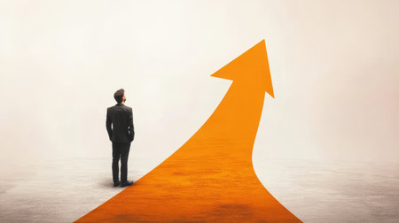 businessman standing on a big orange arrow pointing up in a bright empty space.の素材