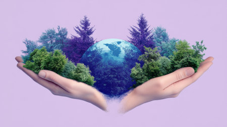 Safe earth concept, collage of two hands helping forest ecosystem on purple background.の素材
