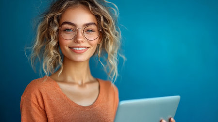 beautiful wavy-haired girl using laptop.の素材