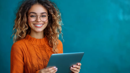beautiful wavy-haired girl using laptop.の素材