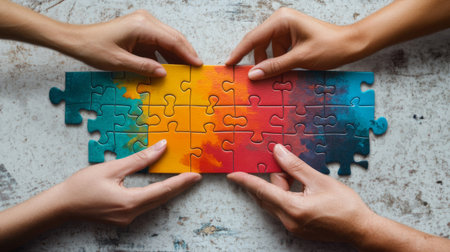 Collage of hands putting together puzzles.の素材
