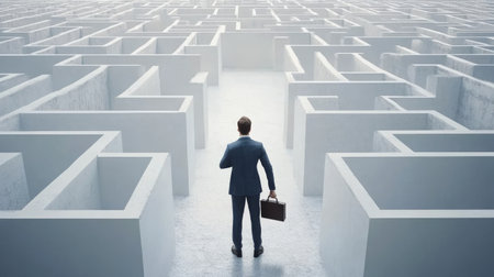businessman with briefcase standing in front of white labirynth.の素材