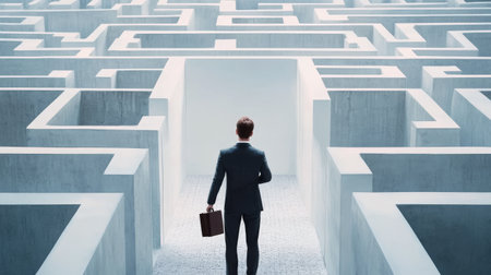 businessman with briefcase standing in front of white labirynth.の素材