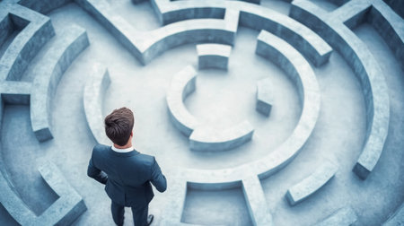 businessman with briefcase standing in front of white labirynth.の素材