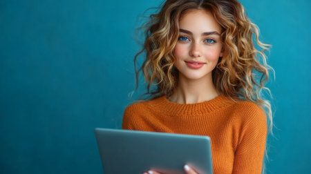 beautiful wavy-haired girl using laptop.の素材