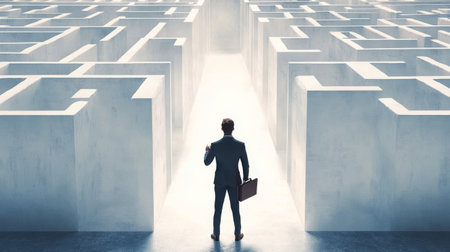 businessman with briefcase standing in front of white labirynth.の素材