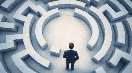businessman with briefcase standing in front of white labirynth.の素材