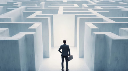 businessman with briefcase standing in front of white labirynth.の素材