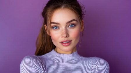 portrait of a pretty young woman on a purple background.の素材