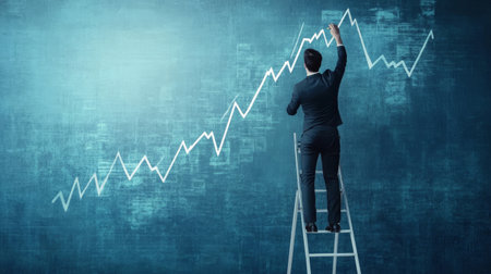 man standing on a ladder and drawing a chart on blue wall background with exponential progressing curve.の素材