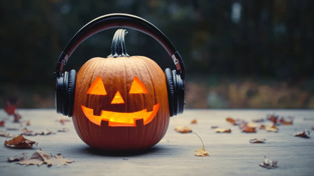 Halloween pumpkin with headphones for music.の素材
