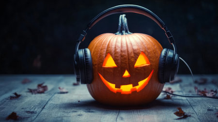 Halloween pumpkin with headphones for music.の素材