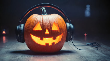 Halloween pumpkin with headphones for music.の素材