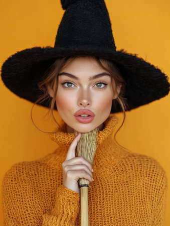 portrait of charming witch on orange background.の素材