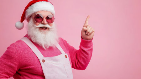 portrait of Santa Claus pointing index finger on a pink background.の素材