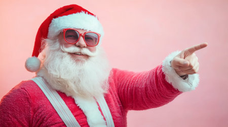 portrait of Santa Claus pointing index finger on a pink background.の素材