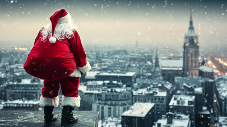 Santa Claus over the city with red bag.の素材