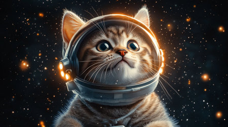 Cute astronaut cat in black space with lights on helmet.の素材