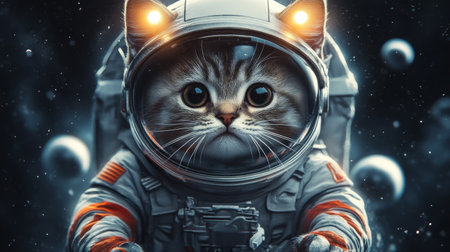 Cute astronaut cat in black space with lights on helmet.の素材