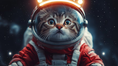 Cute astronaut cat in black space with lights on helmet.の素材