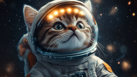 Cute astronaut cat in black space with lights on helmet.の素材