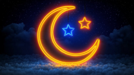 Moon and stars neon light icon. Night glowing sign. Bedtime.の素材