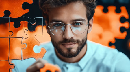 Creative picture collage young handsome man connect puzzle match.の素材