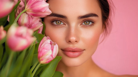 cheerful brunette lady with tulips on a pink background.の素材