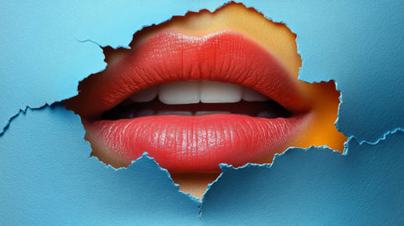 plump lips with pink glowing lipstick.の素材