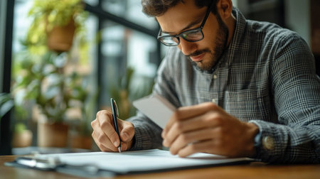 man working and writing.の素材