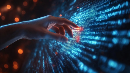 close up of a hand touching technology.の素材