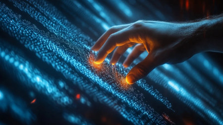 close up of a hand touching technology.の素材