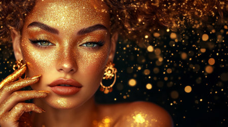 woman with golden makeup.の素材