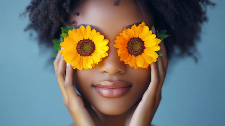 woman holding flowers on eyes.の素材