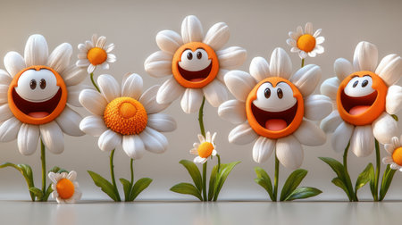 3d render of white daisies with smiling faces in the field.の素材