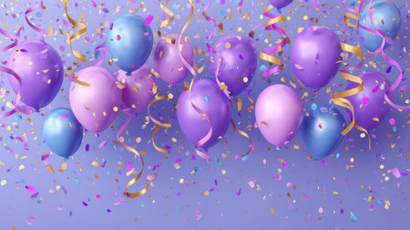 Purple birthday or anniversary horizontal banner with flying helium balloons and confetti ribbons.の素材
