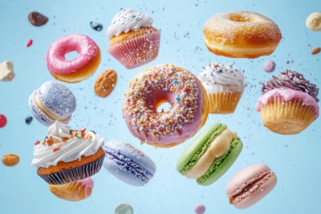 Colorful decorated donuts, cupcakes and macaroons falling in motion on blue background with sprinkling.の素材