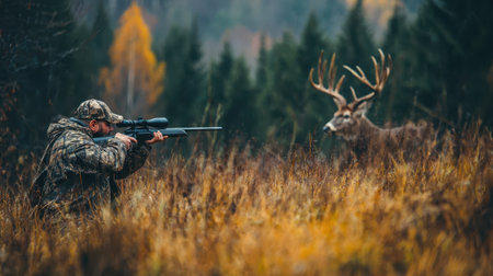 Hunting poacher in the forest. Hunter with shotgun gun on hunt. Hunter aiming rifle in forest.の素材