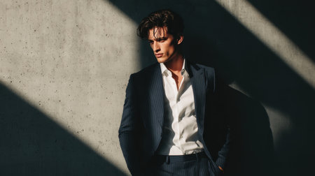 Handsome young man in suit looking away while leaning on wallの素材