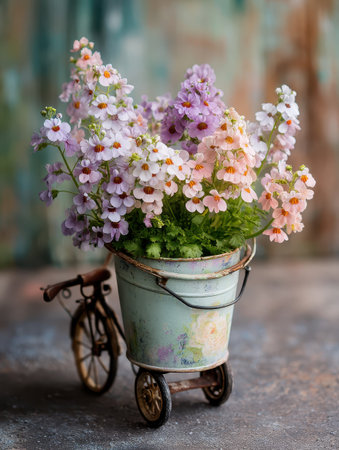 Nemesia in a pastel-painted tin bucket, placed on a vintage bike basket, countryside road.の素材