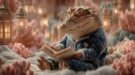 Hyper-realistic crocodile librarian unrolling a scroll made of glowing parchment inside a floating treehouse full of blinking books.の素材