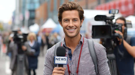 News anchor reading headlines live in bright studio under cameras.の素材