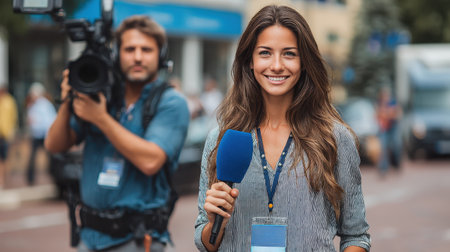 News anchor reading headlines live in bright studio under cameras.の素材
