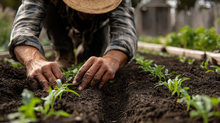 Organic farmer planting in neat garden rows .の素材