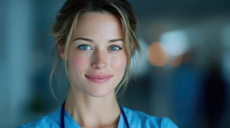 Professional female doctor smiling at camera in hospital.の素材